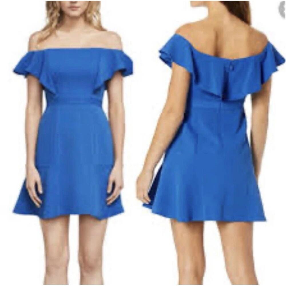 BCBG MAXAZRIA Off-The-Shoulder Flounced Dress Sz. 0 Alandra blue prime